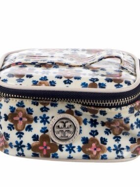 Tory Burch EUC Blue, Brown & Pink Floral Vanity Case Cosmetic Case